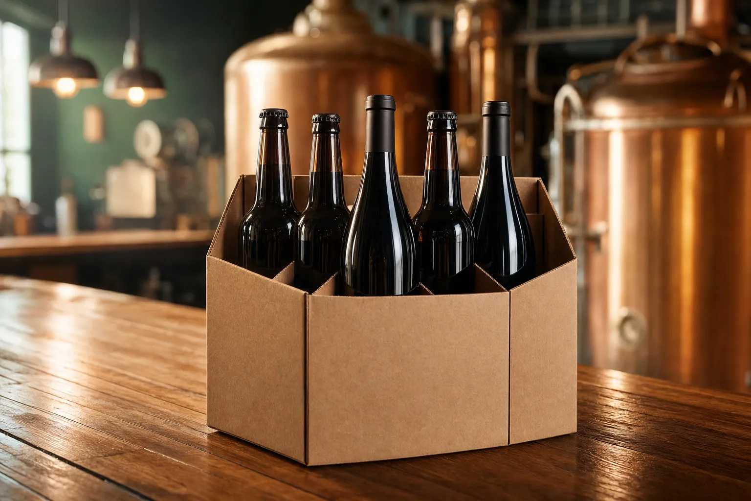 A sturdy kraft cardboard 6-bottle carrier box holding six 330ml bottles on a wooden brewery counter