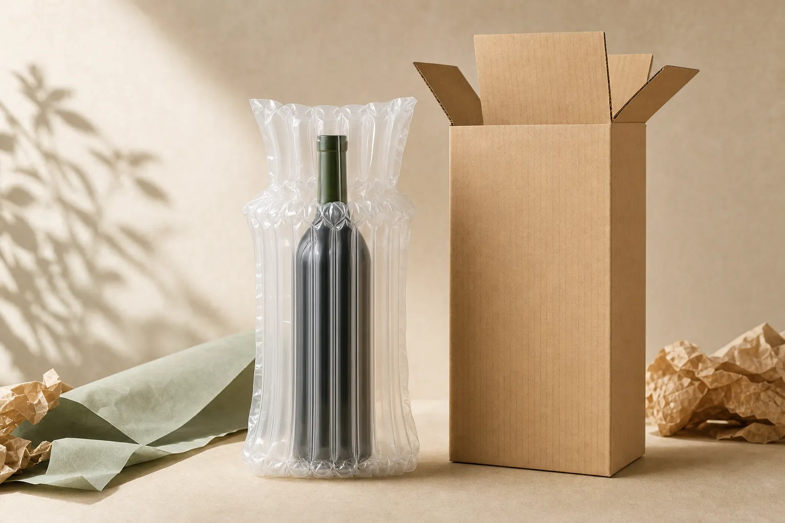 A dark wine bottle wrapped in a clear inflatable air-cushion protective sleeve beside an open double-walled kraft single-bottle shipping box