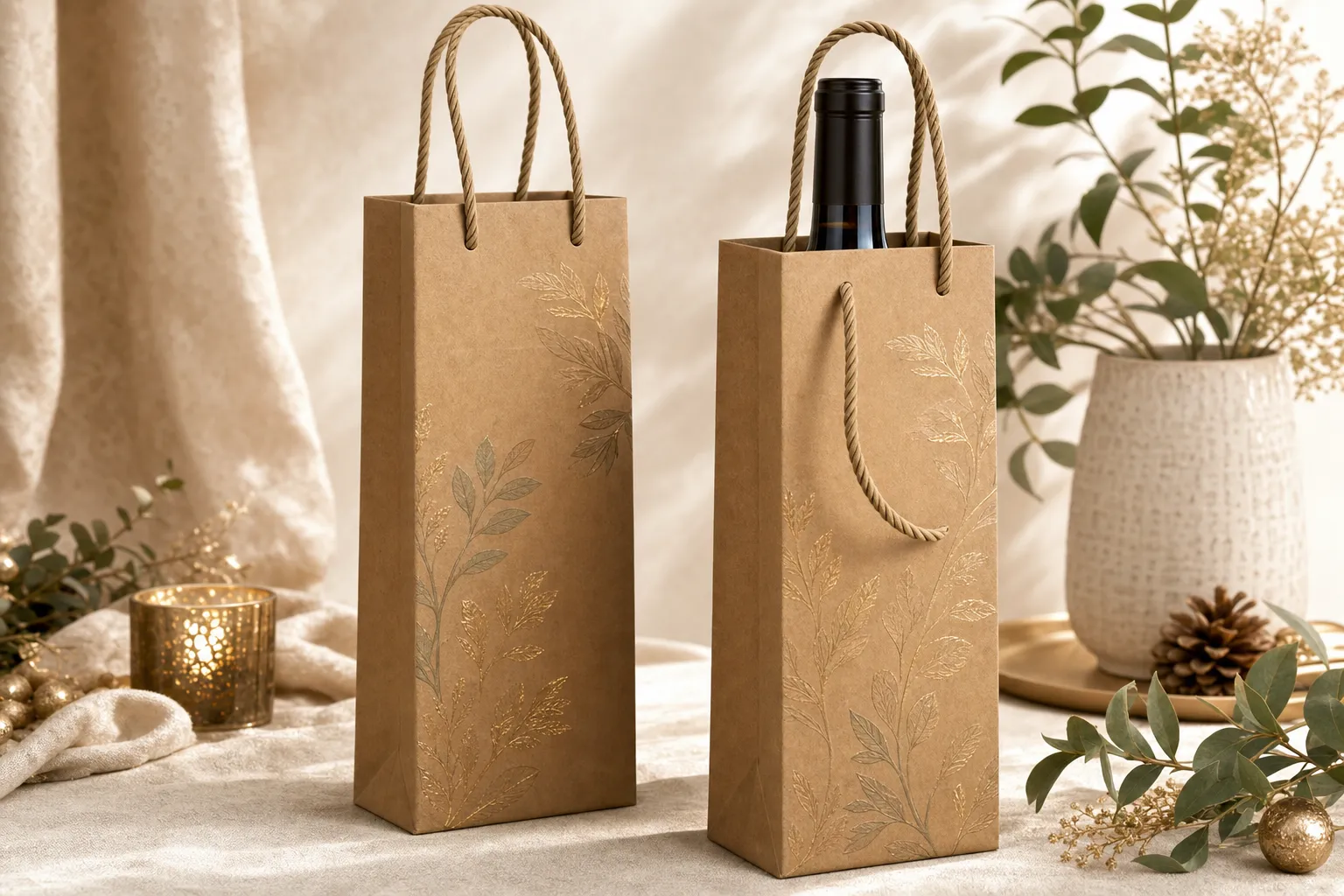 Two printed single-bottle wine gift bags with rope handles, one holding a wine bottle